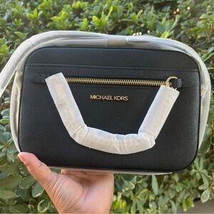 MICHAEL KORS Jet Set Chain Large Black Gold Saffiano Leather Crossbody Bag NWTS